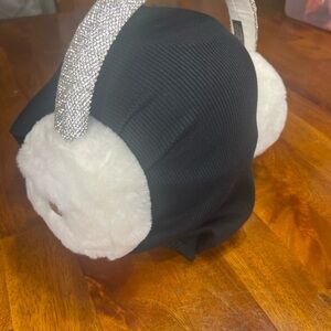 CC Glitz Faux Fur Earmuffs White Rhinestone Band Winter Ear Warmers One Size
